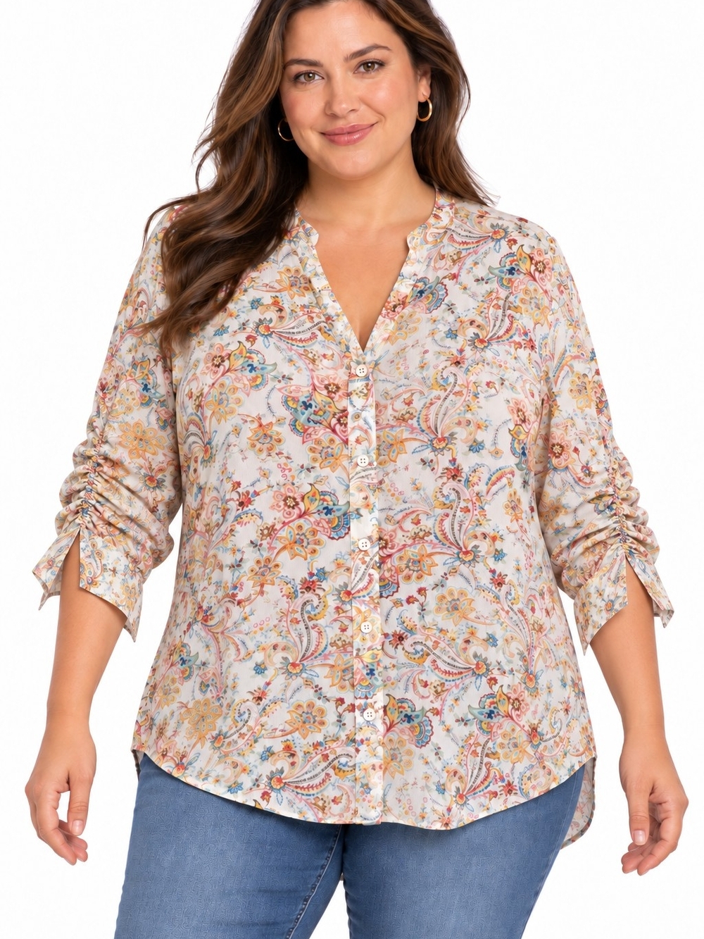 Karen Kane XL Ivory Paisley Blouse 3/4 Sleeves Button Front USA Made casual chic